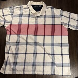 Vintage Trader Bay Men’s 2XLT Polo Shirt White Blue Pink Plaid Cotton Big Tall